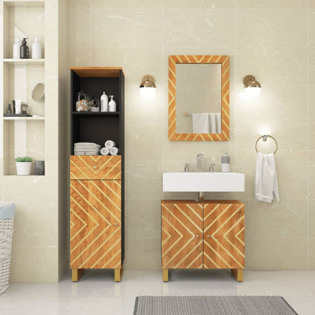 3 Piece Bathroom Cabinet Set Brown And Black Solid Wood Mango