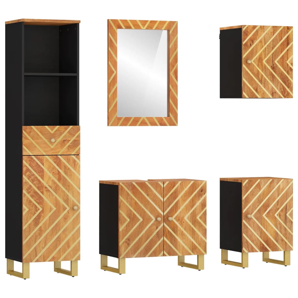 5 Piece Bathroom Cabinet Set Brown And Black Solid Wood Mango