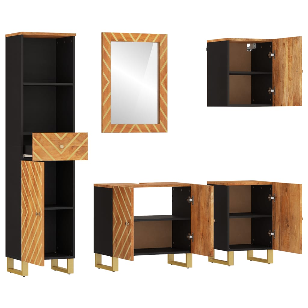 5 Piece Bathroom Cabinet Set Brown And Black Solid Wood Mango