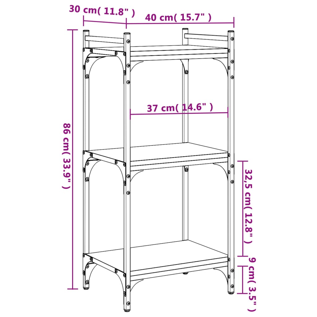 Bookcase 3-Tier 40X30X Engineered Wood