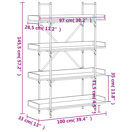 Bookcase 4-Tier 100X33X Engineered Wood