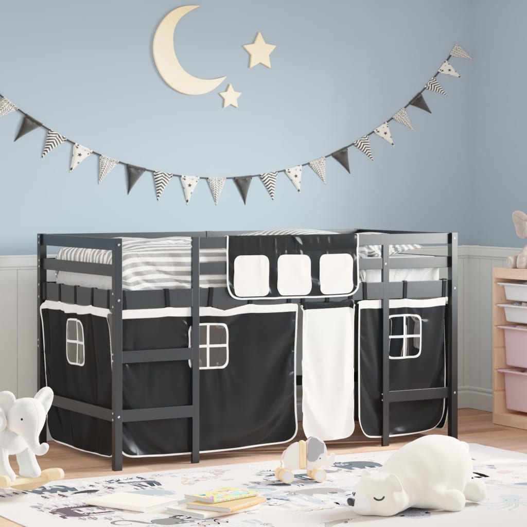 Kids' Loft Bed With Curtains Without Mattress White&Black 80X200Cm