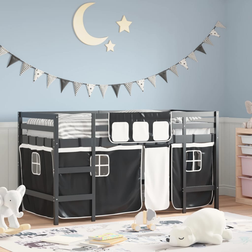 Kids' Loft Bed With Curtains Without Mattress White&Black 80X200Cm