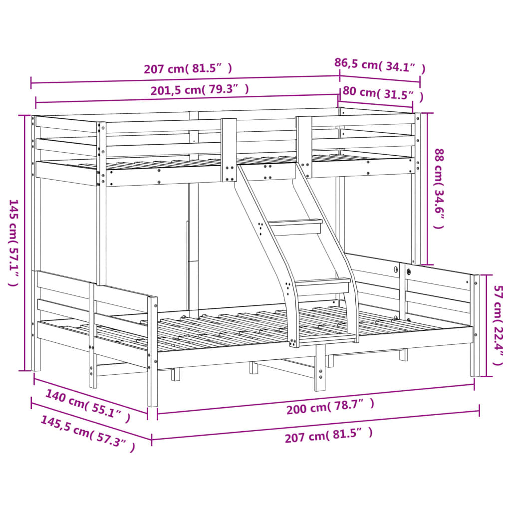 Bunk Bed Without Mattress 80X200/140X200 Cm Solid Wood