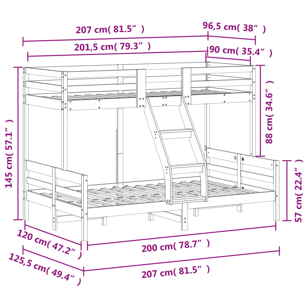 Bunk Bed Without Mattress 90X200/120X200 Cm Solid Wood