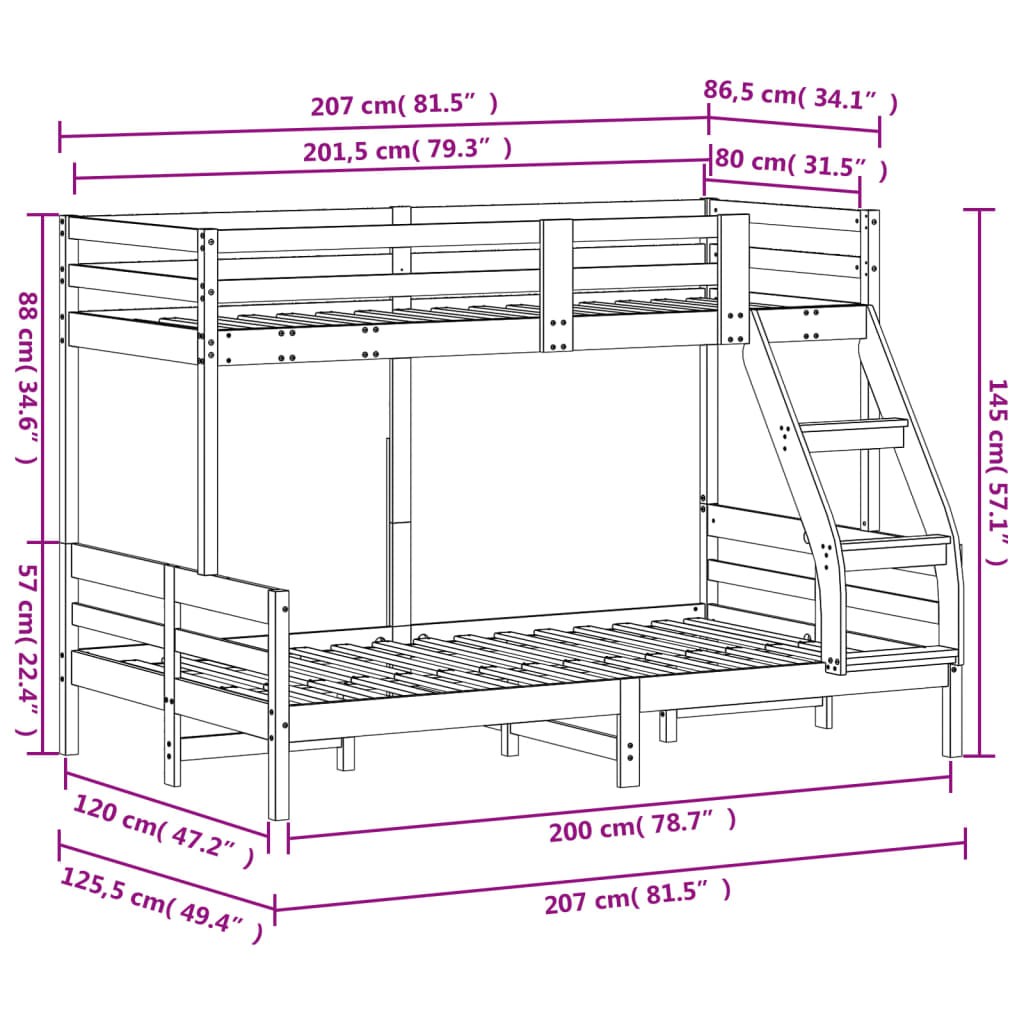 Bunk Bed Without Mattress 80X200/120X200 Cm Solid Wood