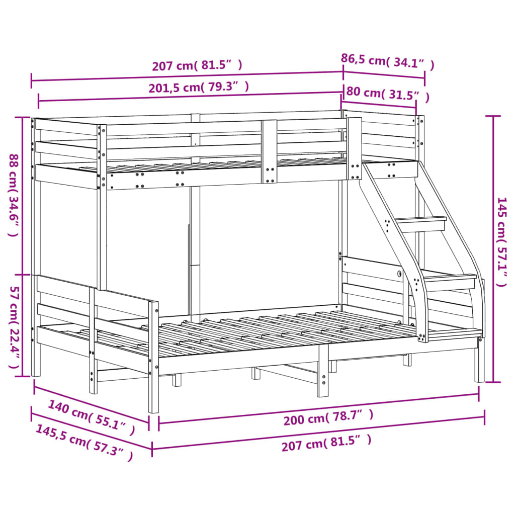 Bunk Bed Without Mattress 80X200/140X200 Cm Solid Wood