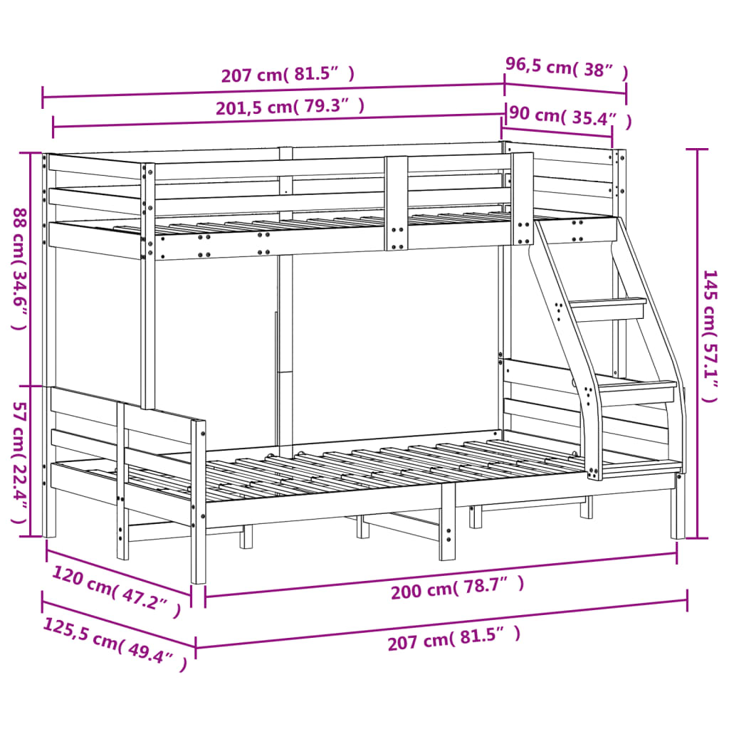 Bunk Bed Without Mattress 90X200/120X200 Cm Solid Wood