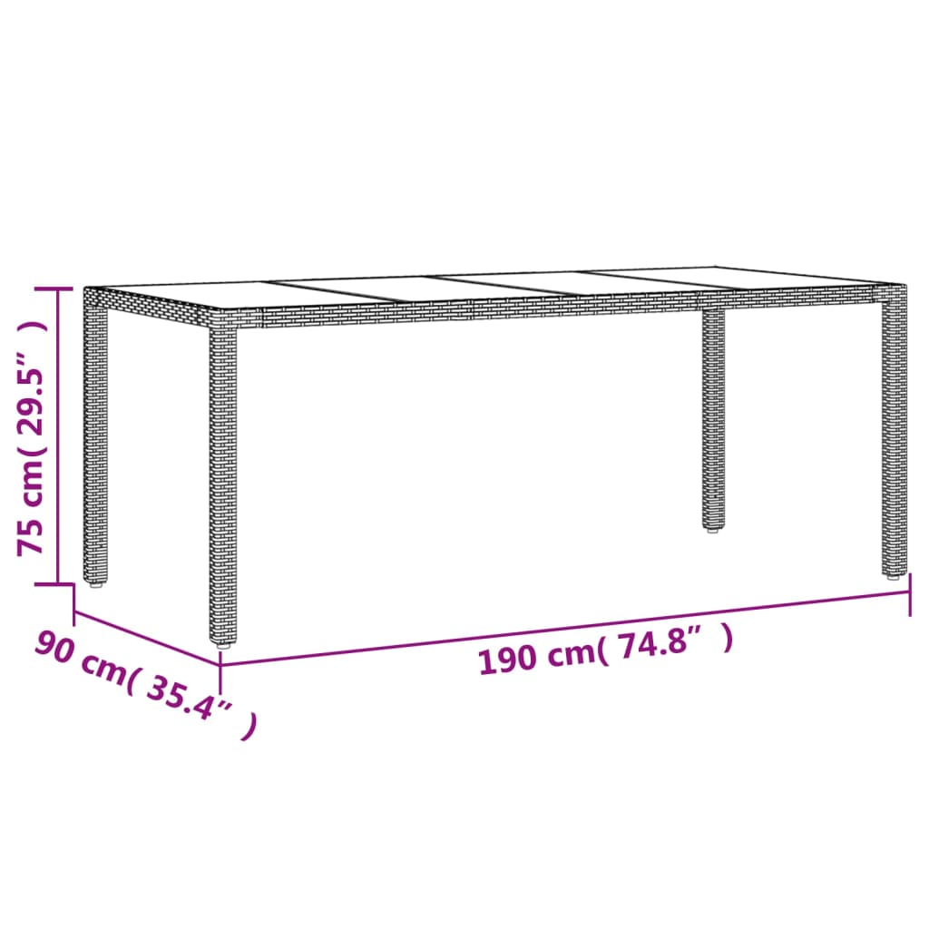 Garden Table With Glass Top 190X90X75 Cm Poly Rattan