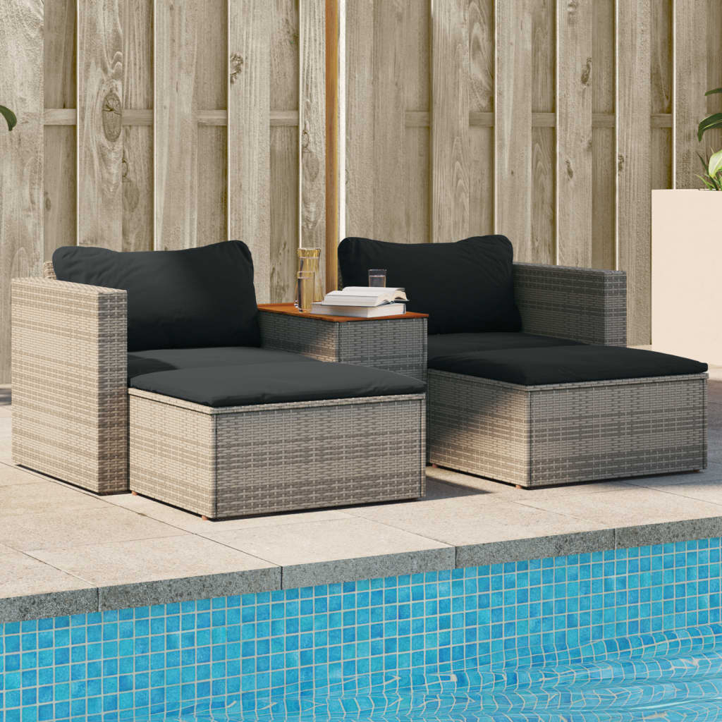 5 Piece Garden Sofa Set With Cushions Poly Rattan Acacia