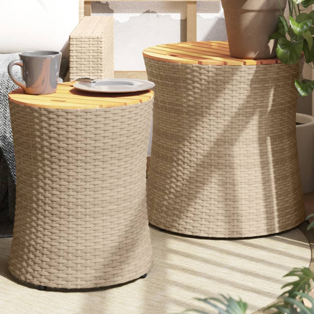 Garden Side Tables 2 Pcs With Wooden Top Poly Rattan
