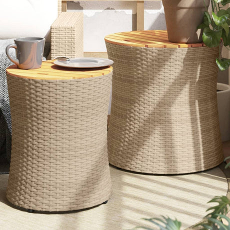Garden Side Tables 2 Pcs With Wooden Top Poly Rattan