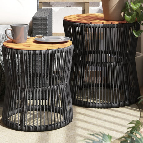 Garden Side Tables 2 Pcs With Wooden Top Poly Rattan