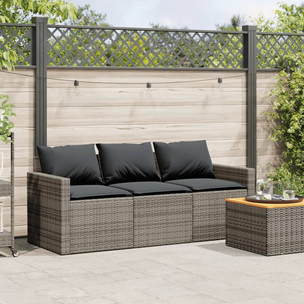 Garden Sofa With Cushions 3-Seater Grey Poly Rattan
