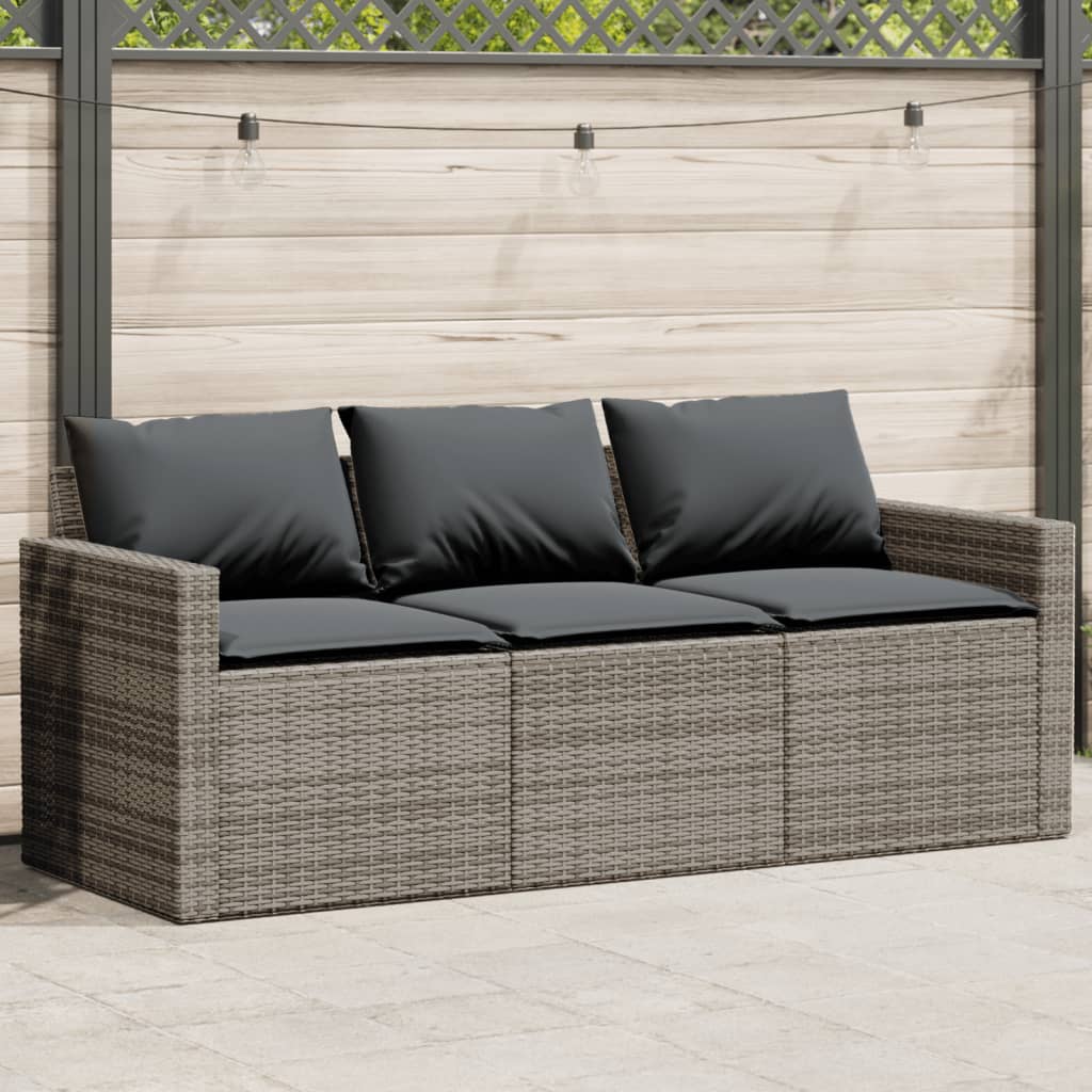 Garden Sofa With Cushions 3-Seater Grey Poly Rattan