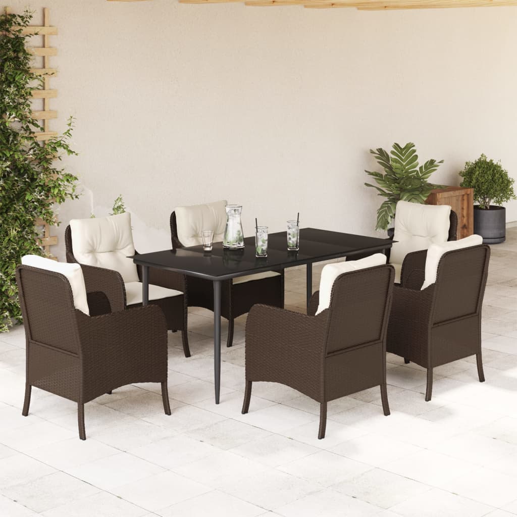 7 Piece Garden Dining Set With Cushions Brown Poly Rattan