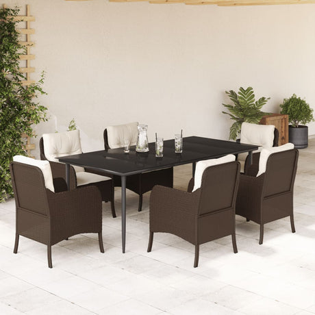 7 Piece Garden Dining Set With Cushions Brown Poly Rattan