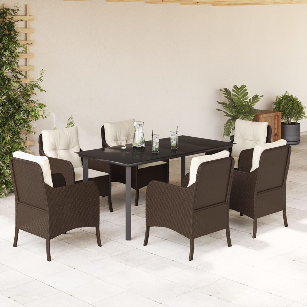 7 Piece Garden Dining Set With Cushions Brown Poly Rattan