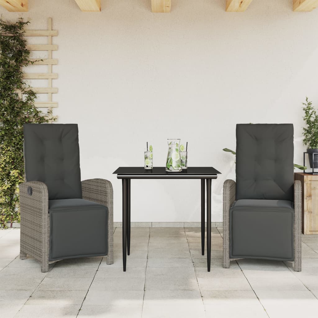 3 Piece Bistro Set With Cushions Grey Poly Rattan