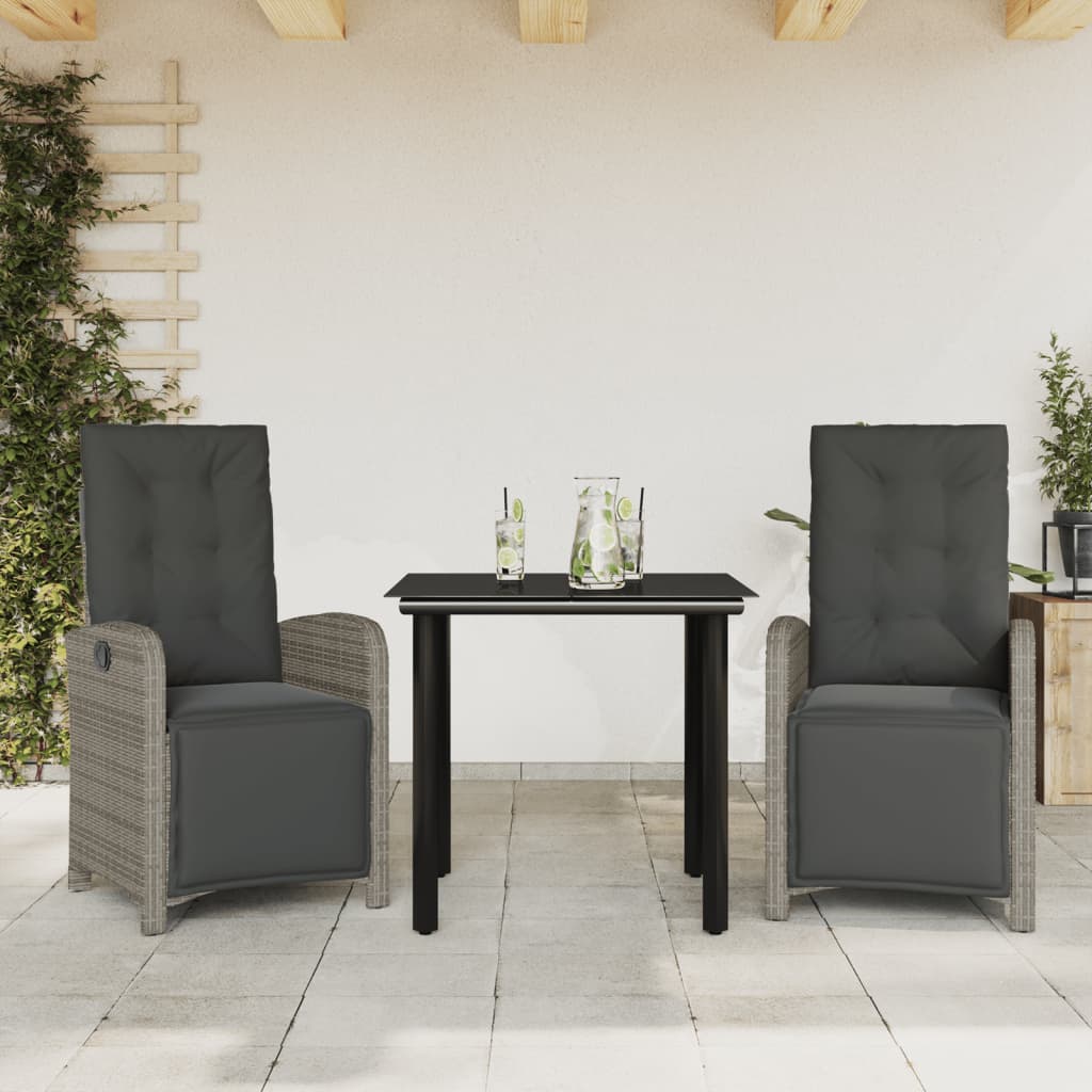 3 Piece Bistro Set With Cushions Grey Poly Rattan