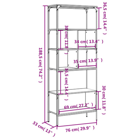 Bookcase 5-Tier 76X33X188.5 Cm Engineered Wood