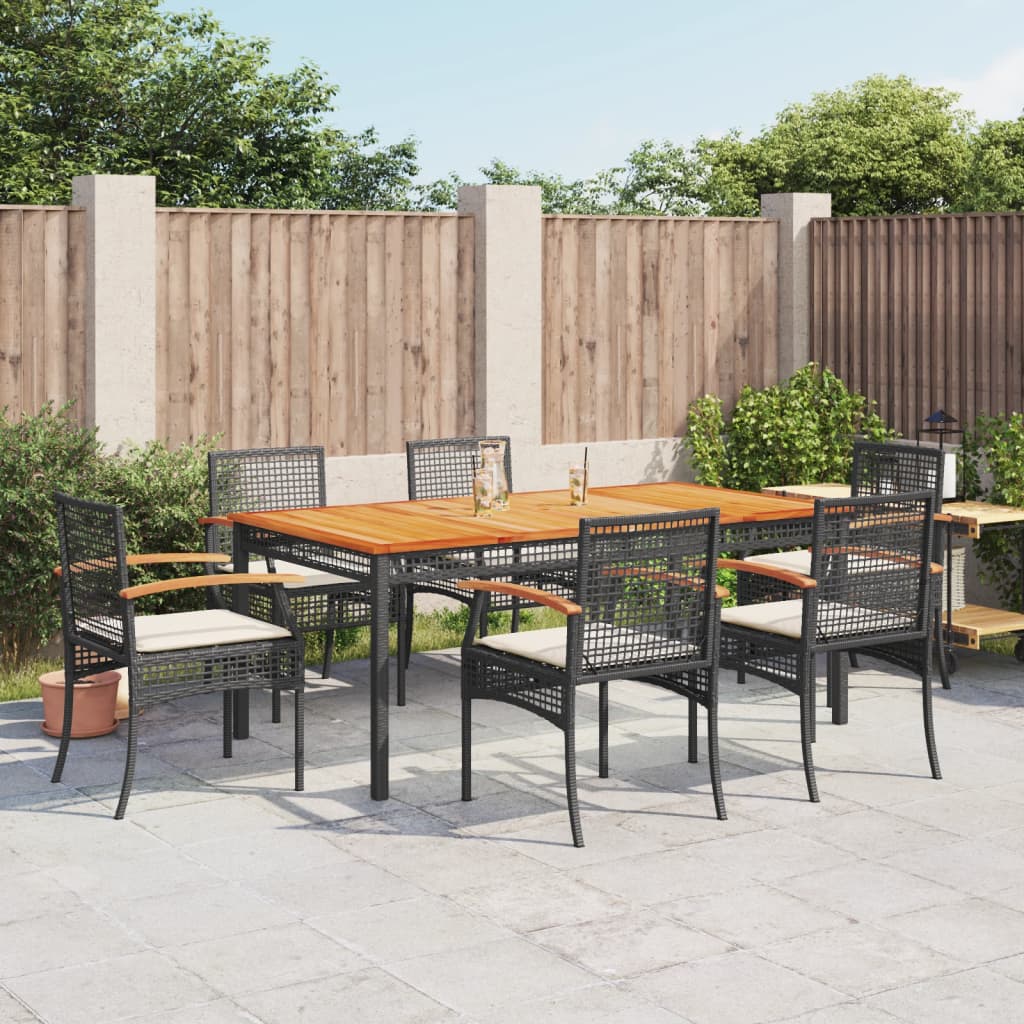 7 Piece Garden Dining Set With Cushions Black Poly Rattan