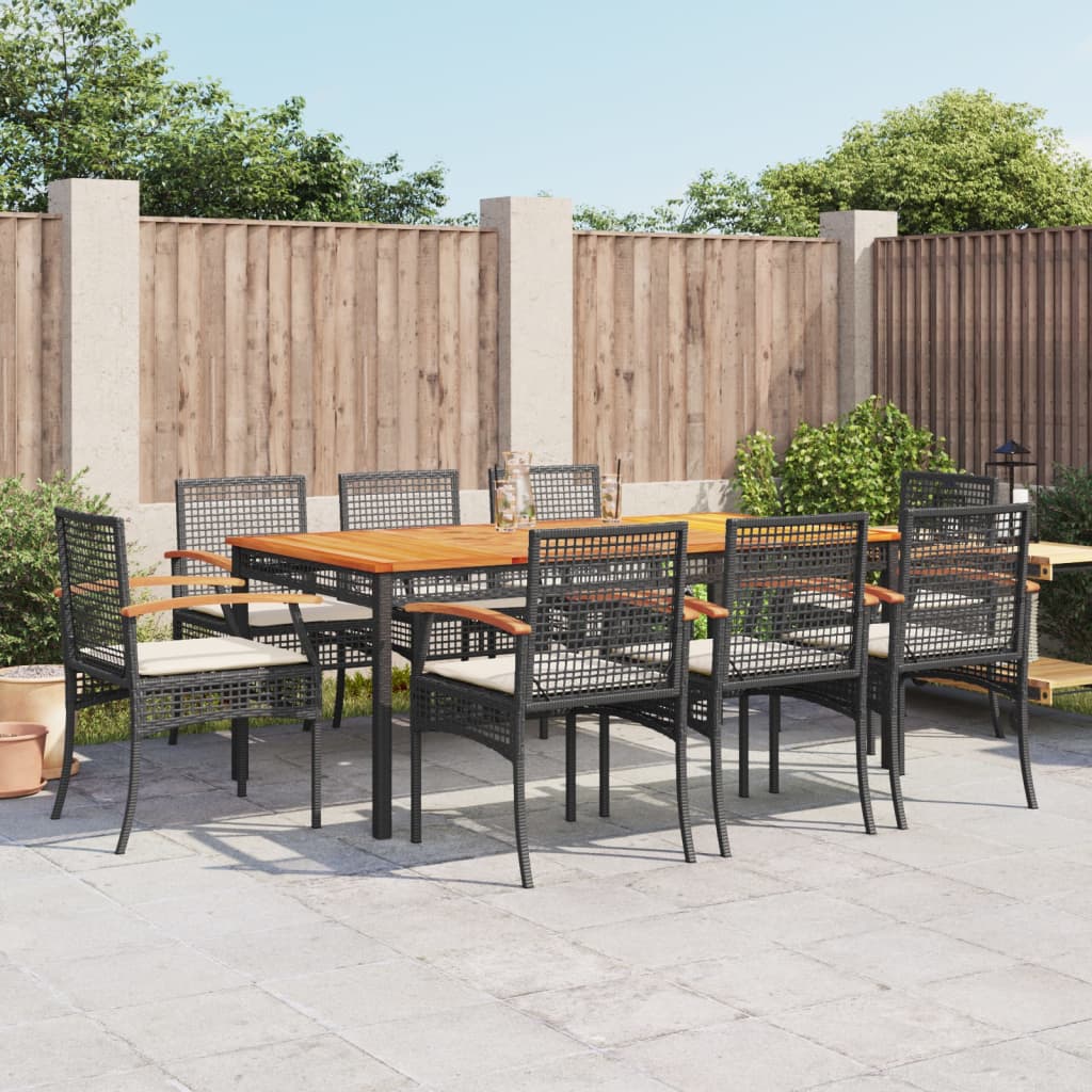 7 Piece Garden Dining Set With Cushions Black Poly Rattan