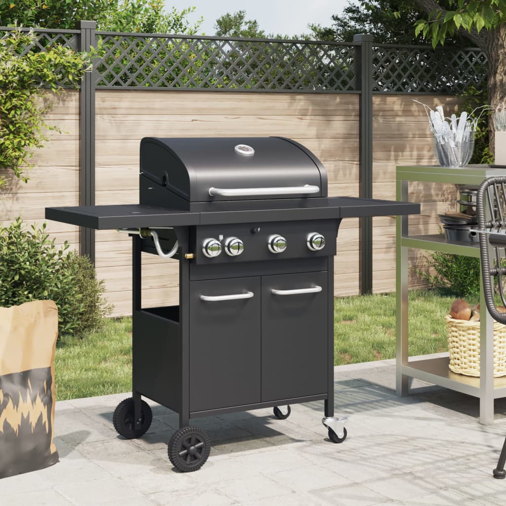 Gas Bbq Grill With 4 Burners Black Powder-Coated Steel