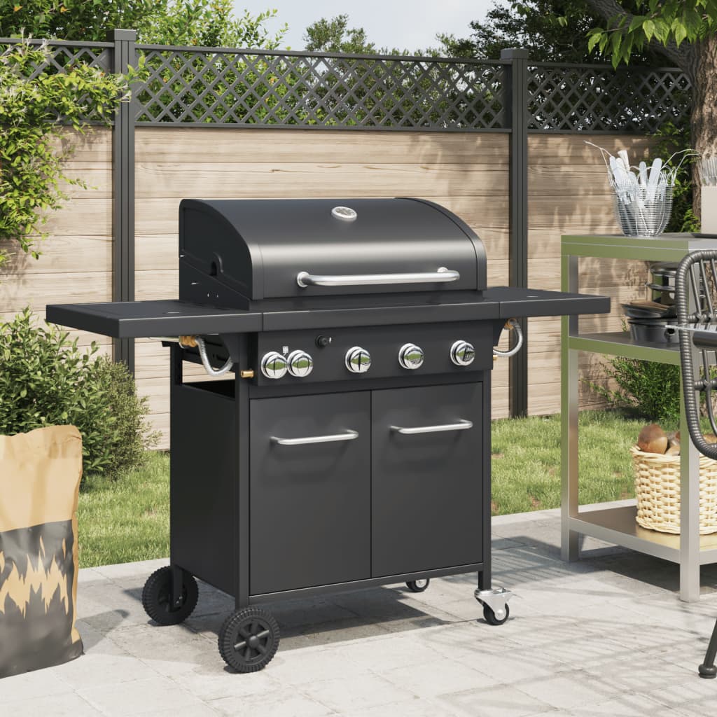Gas Bbq Grill With 5 Burners Black Powder-Coated Steel