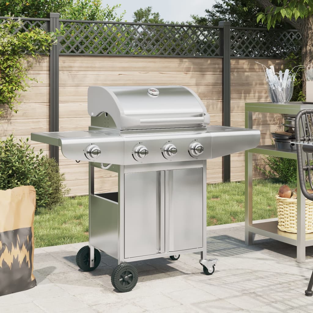 Gas Bbq Grill With 4 Burners Silver Stainless Steel