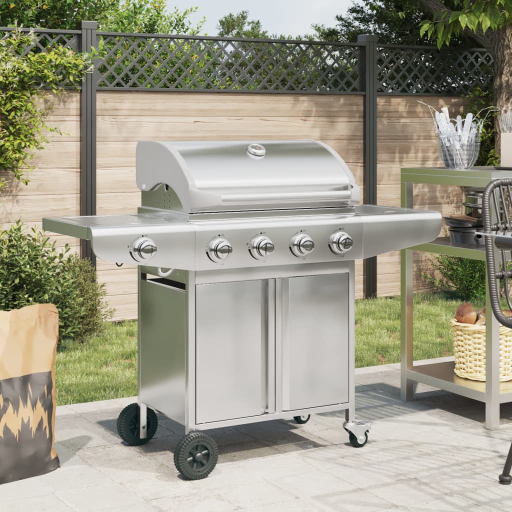 Gas Bbq Grill With 5 Burners Silver Stainless Steel