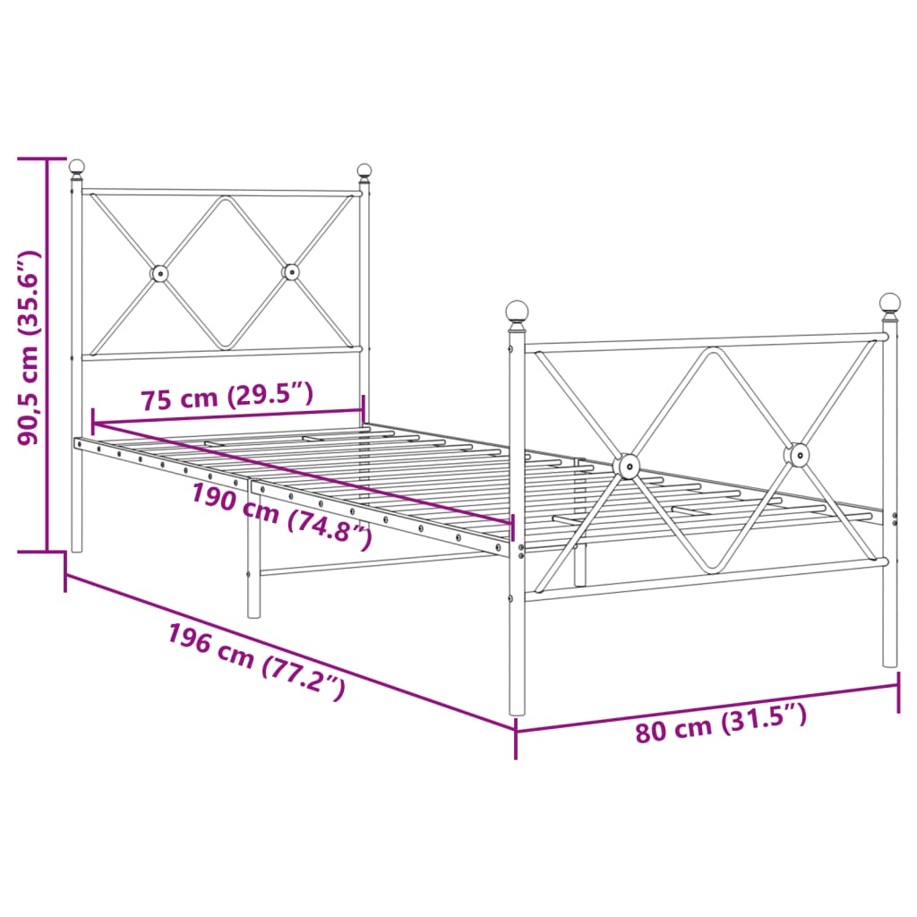 Metal Bed Frame Without Mattress With Footboard 75X190Cm