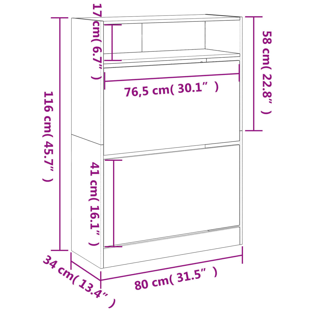 Shoe Cabinet With 2 Flip-Drawers 80X34X116 Cm