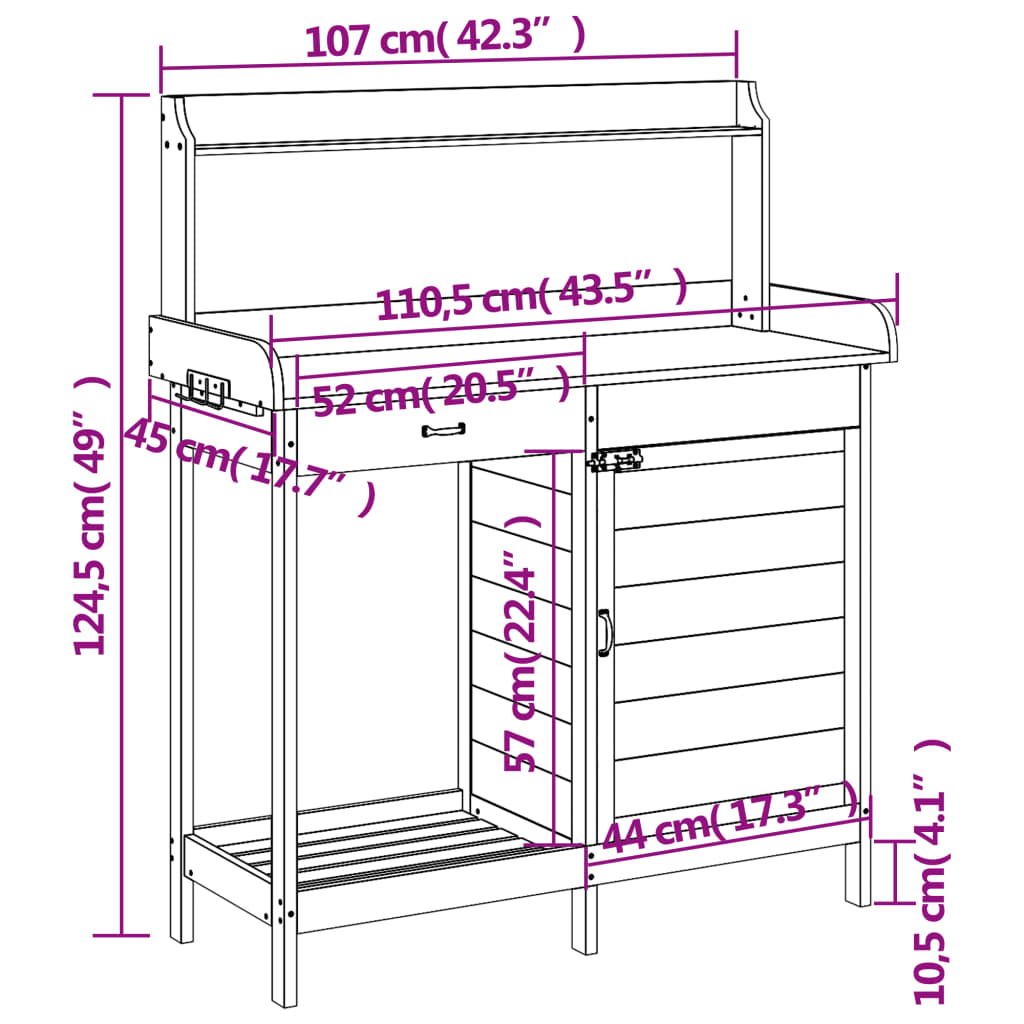 Potting Table With Cabinet 110.5X45X124.5 Cm Solid Wood Fir