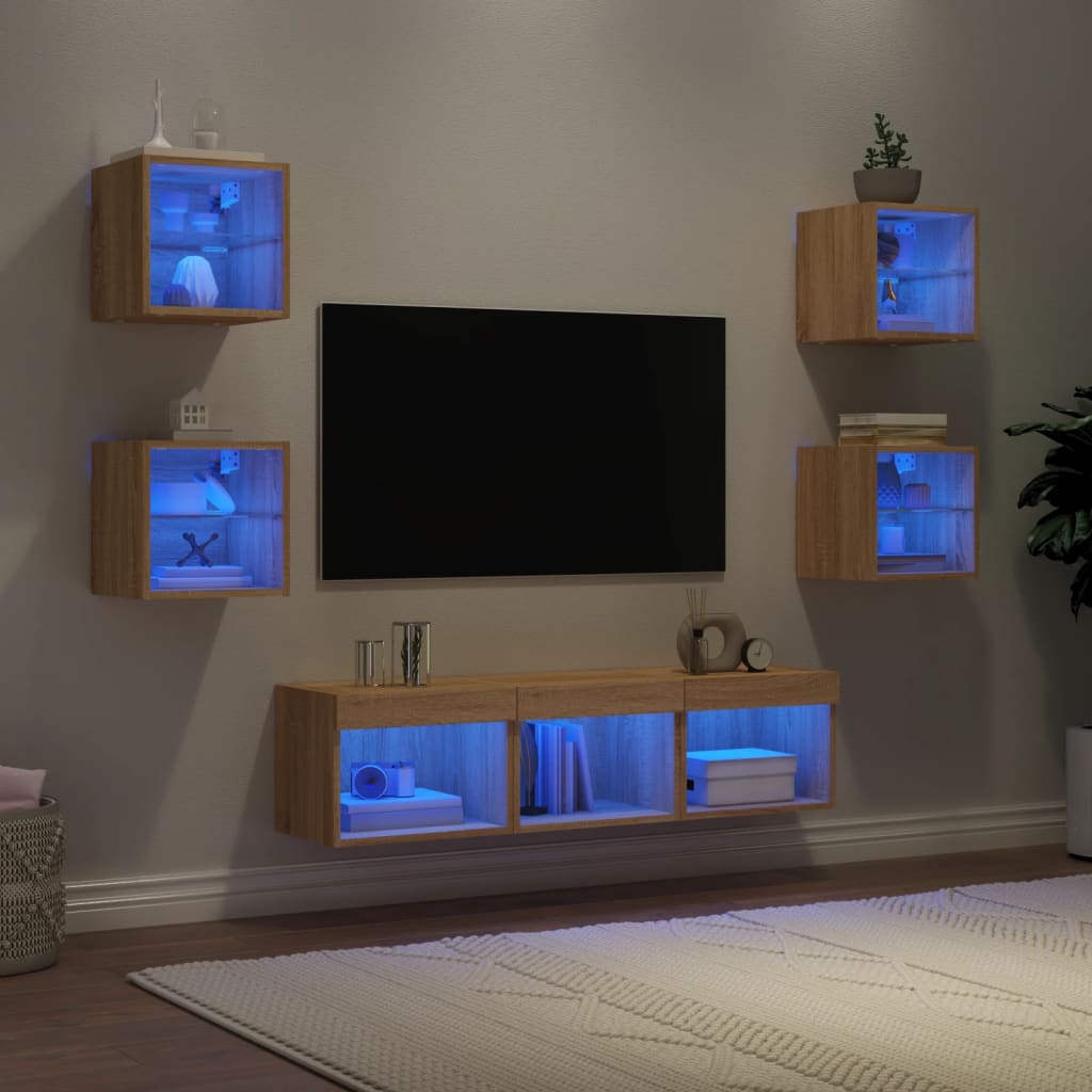 7 Piece Tv Wall Units With Led Engineered Wood