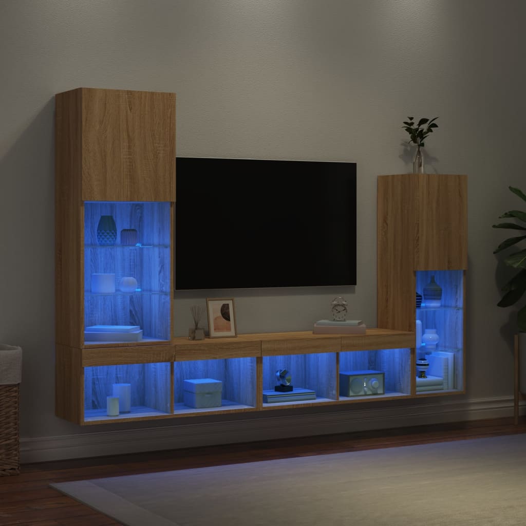 4 Piece Tv Wall Units With Led Engineered Wood