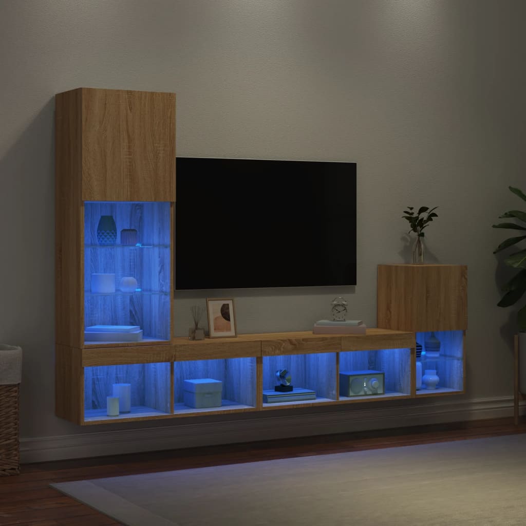 4 Piece Tv Wall Units With Led Engineered Wood