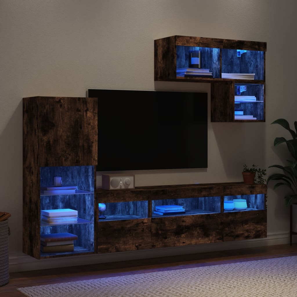 6 Piece Tv Wall Units With Led Engineered Wood