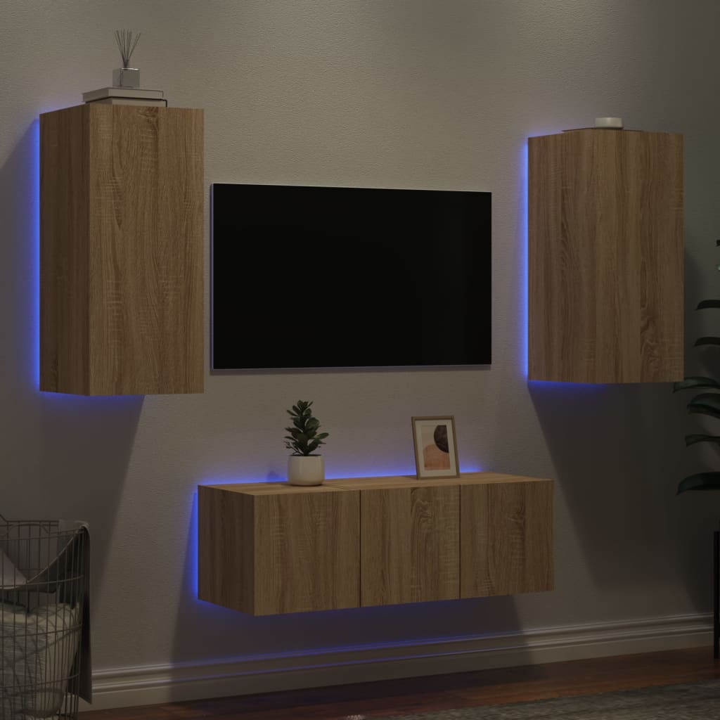 4 Piece Tv Wall Units With Led Engineered Wood