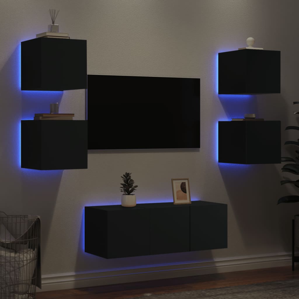 6 Piece Tv Wall Units With Led Engineered Wood