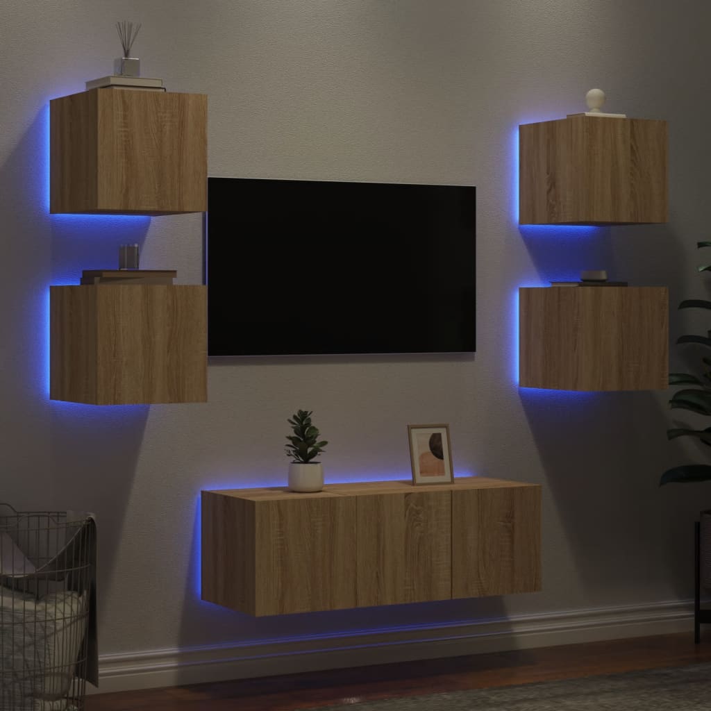 6 Piece Tv Wall Units With Led Engineered Wood