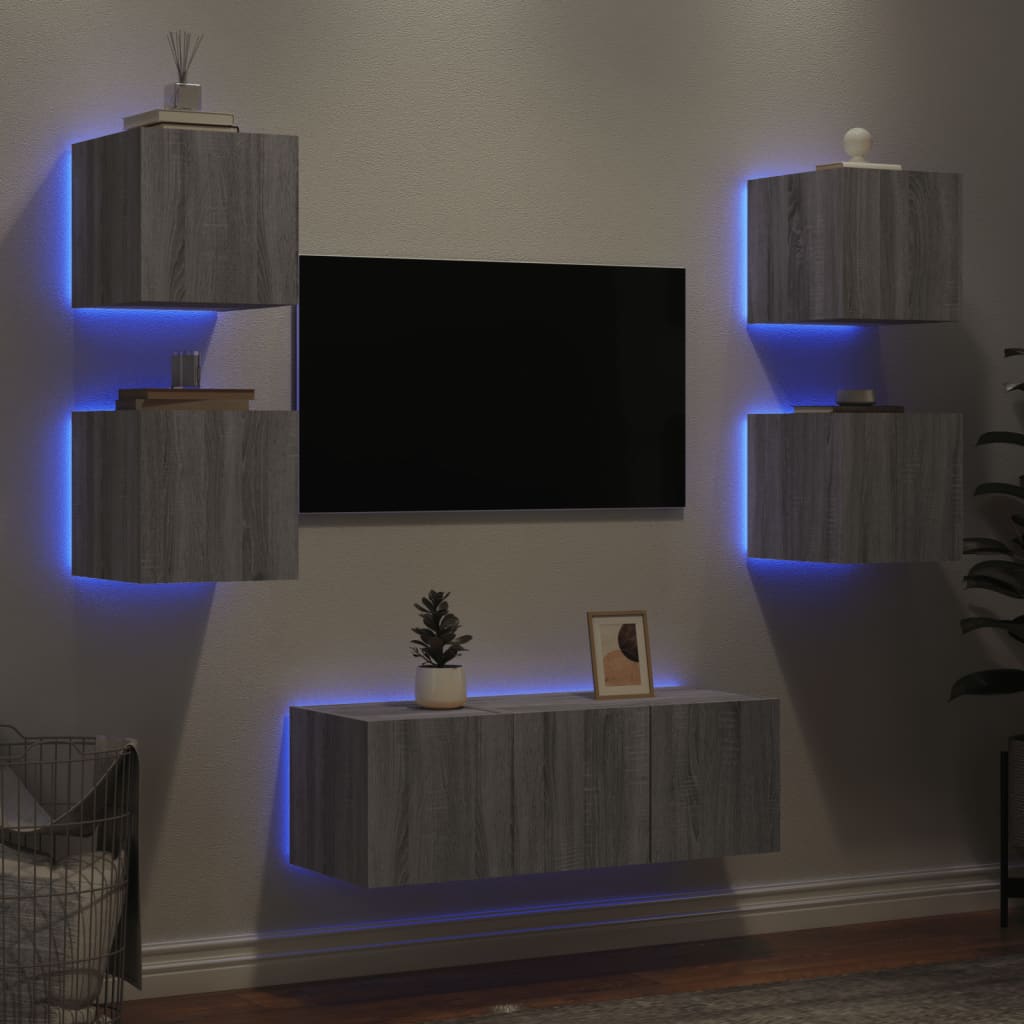 6 Piece Tv Wall Units With Led Engineered Wood
