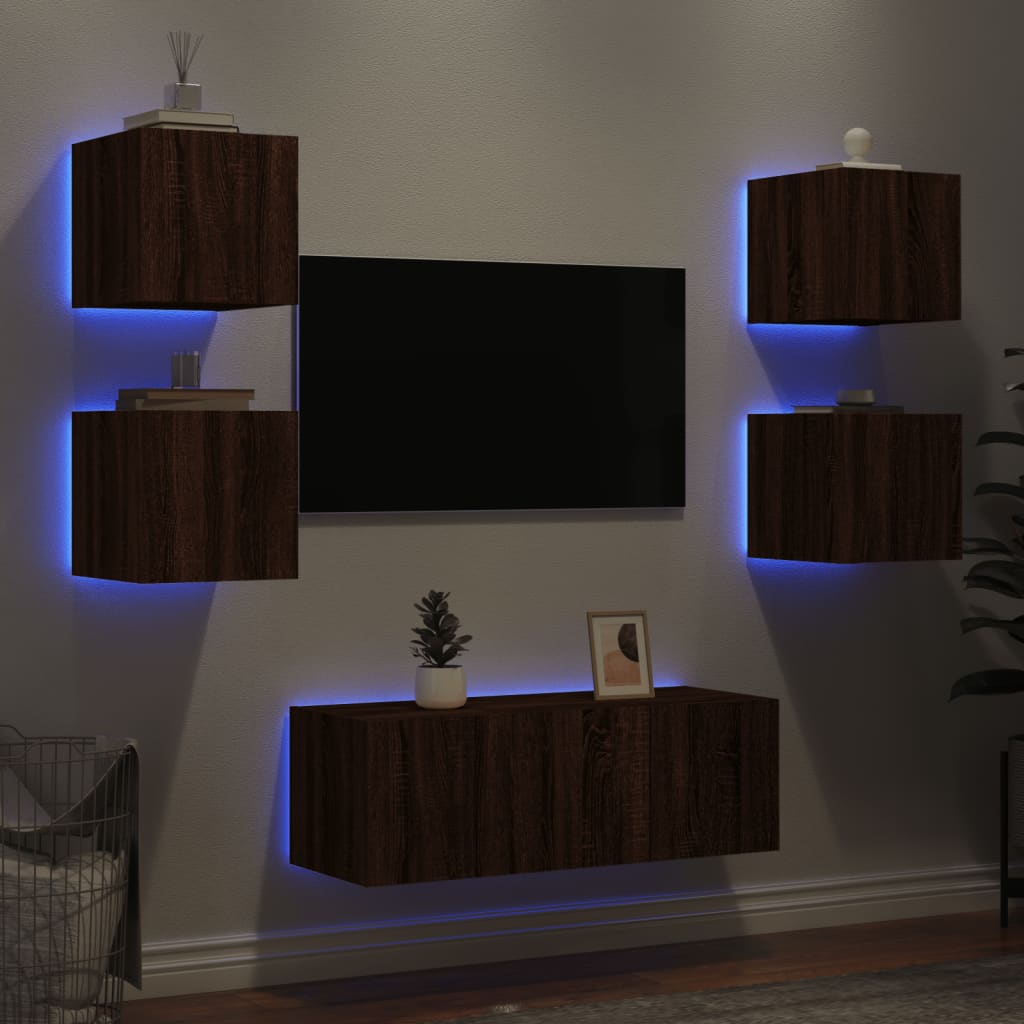 6 Piece Tv Wall Units With Led Engineered Wood