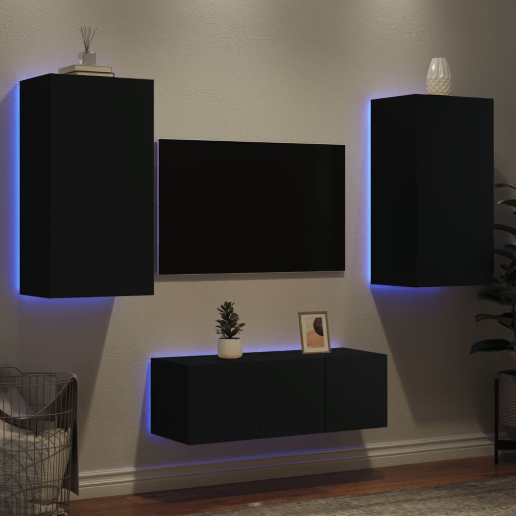 4 Piece Tv Wall Units With Led Engineered Wood