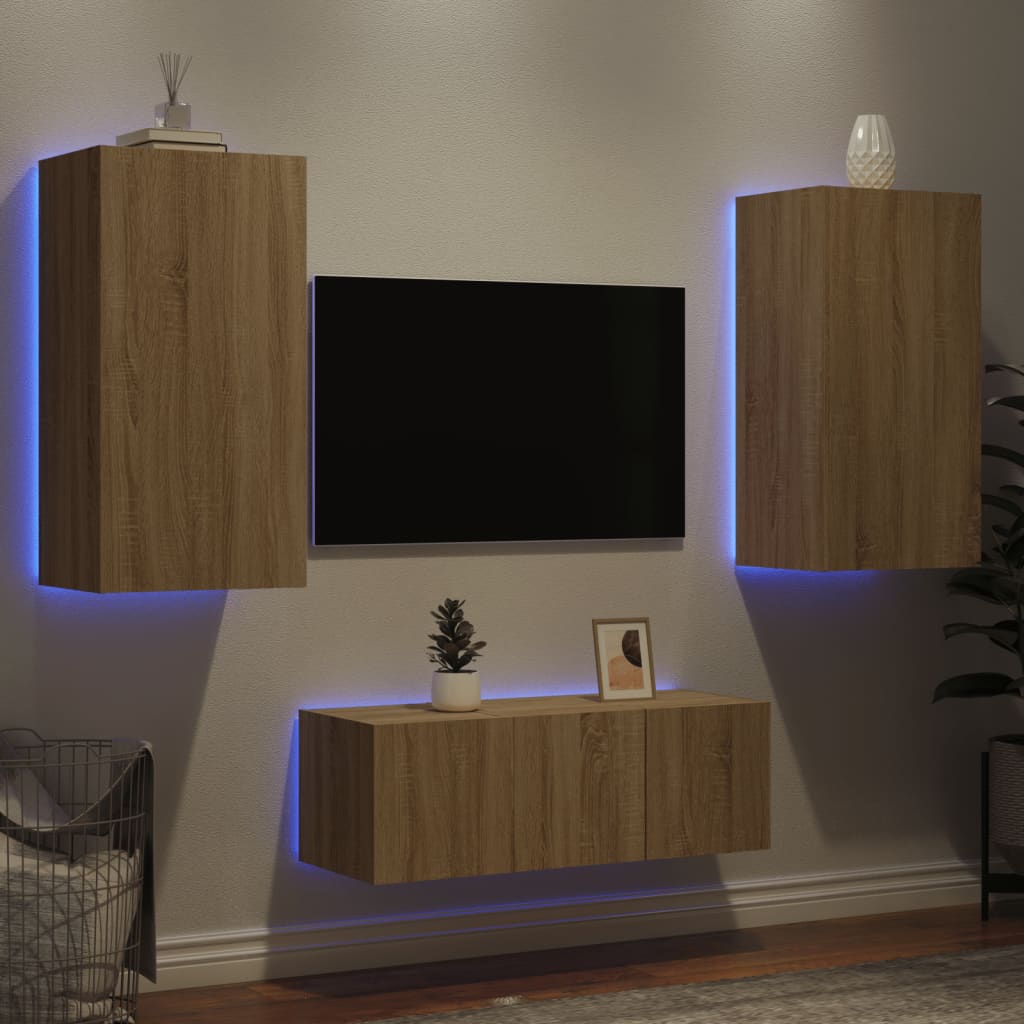 4 Piece Tv Wall Units With Led Engineered Wood