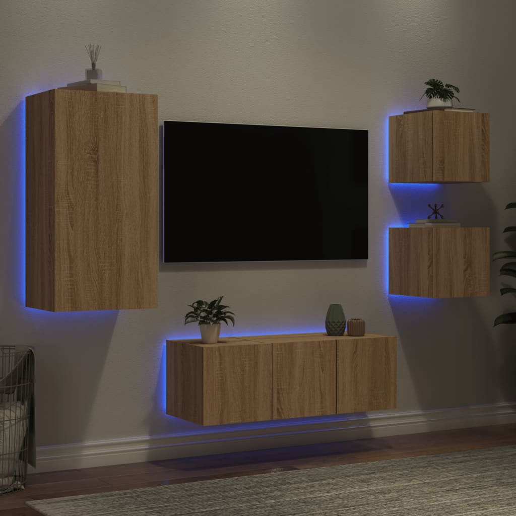 5 Piece Tv Wall Units With Led Engineered Wood