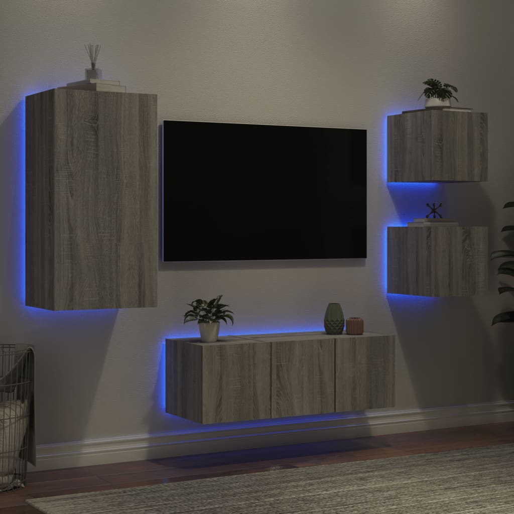 5 Piece Tv Wall Units With Led Engineered Wood