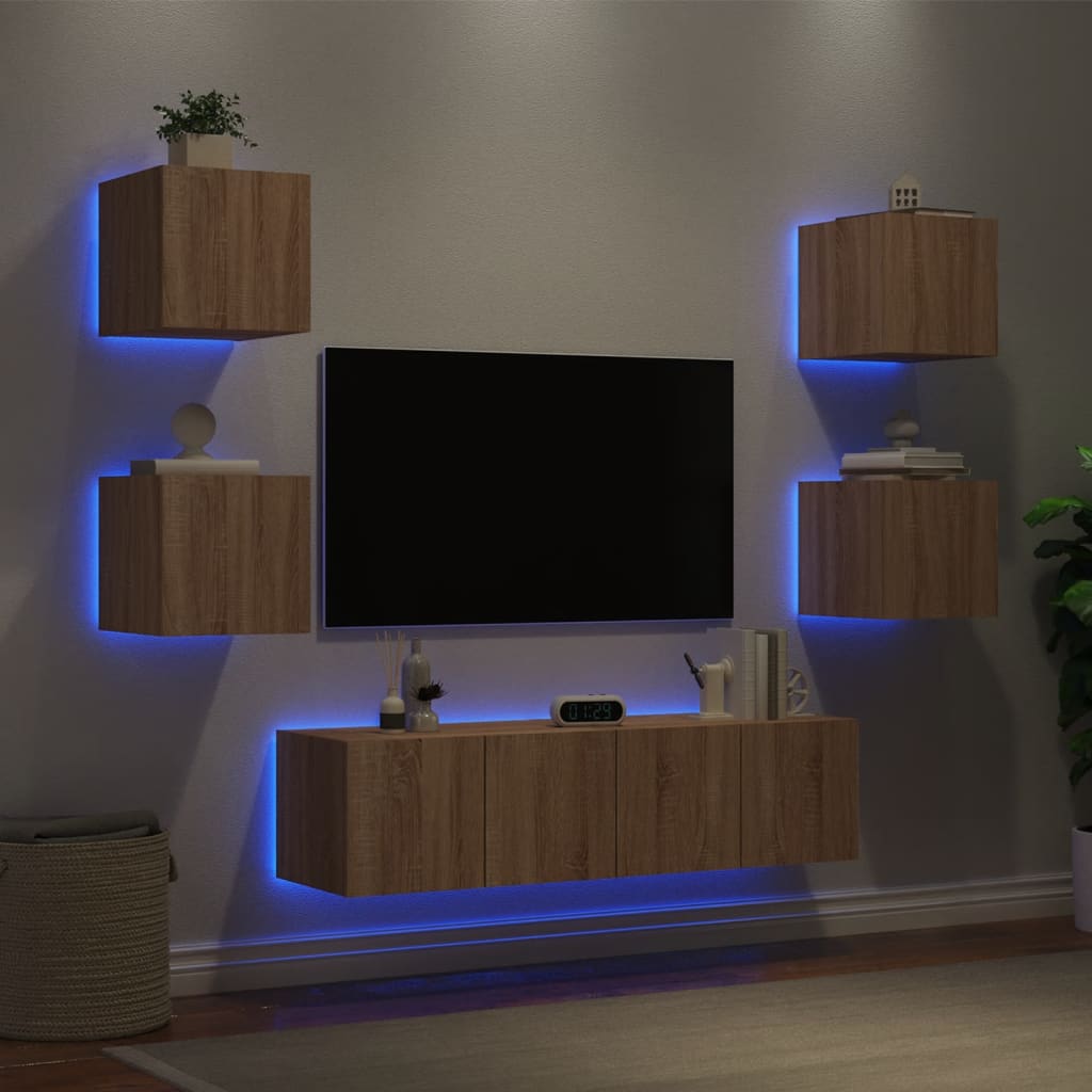 6 Piece Tv Wall Units With Led Engineered Wood