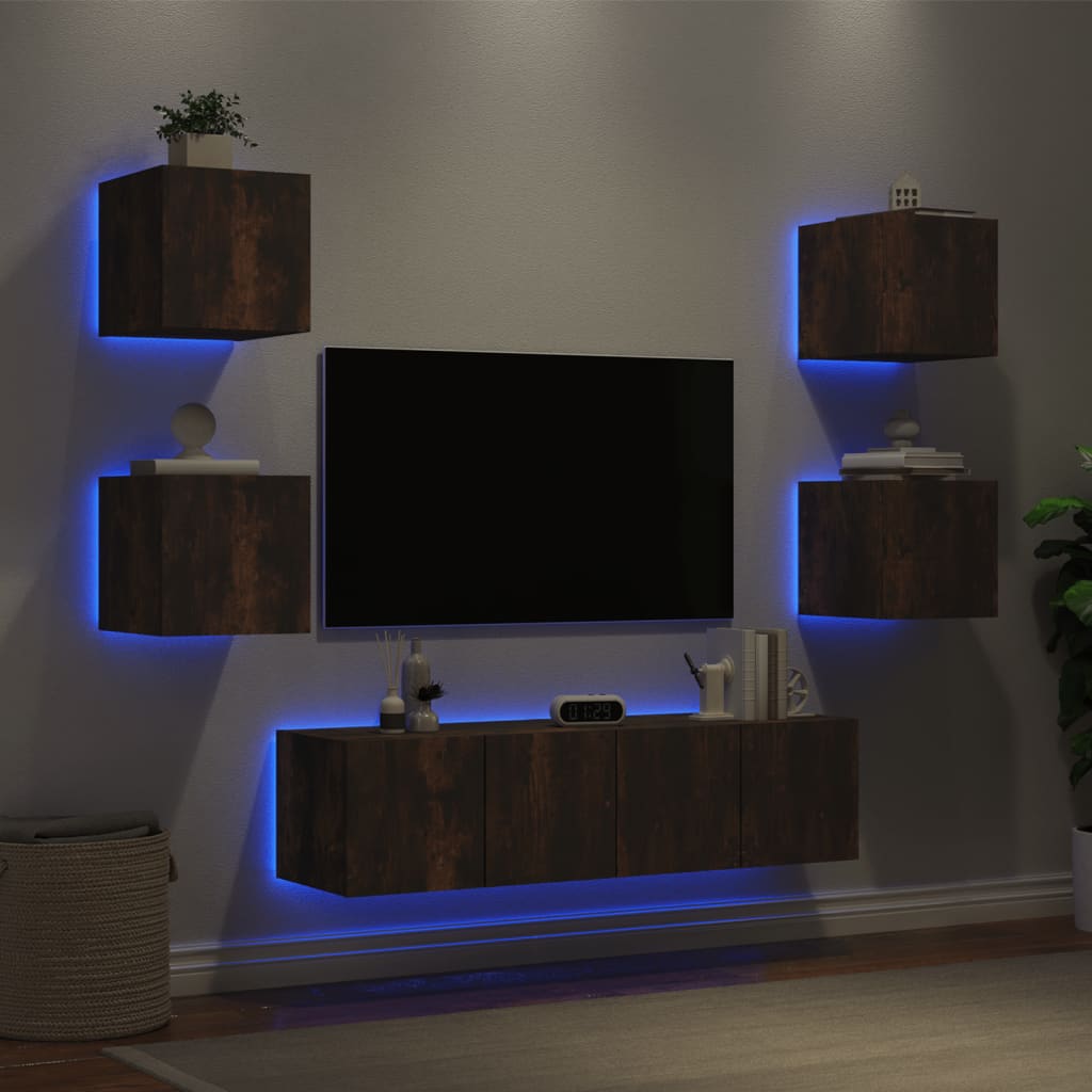 6 Piece Tv Wall Units With Led Engineered Wood