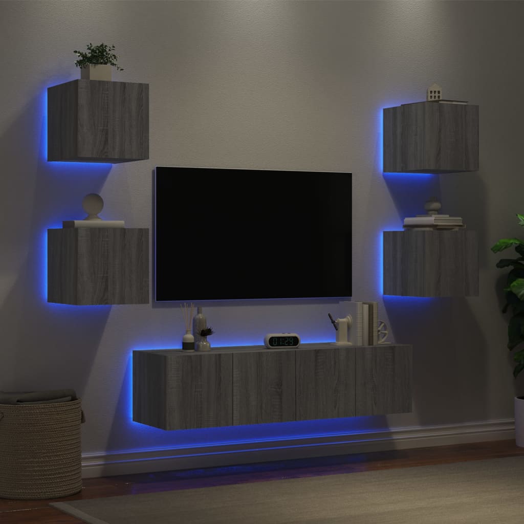 6 Piece Tv Wall Units With Led Engineered Wood